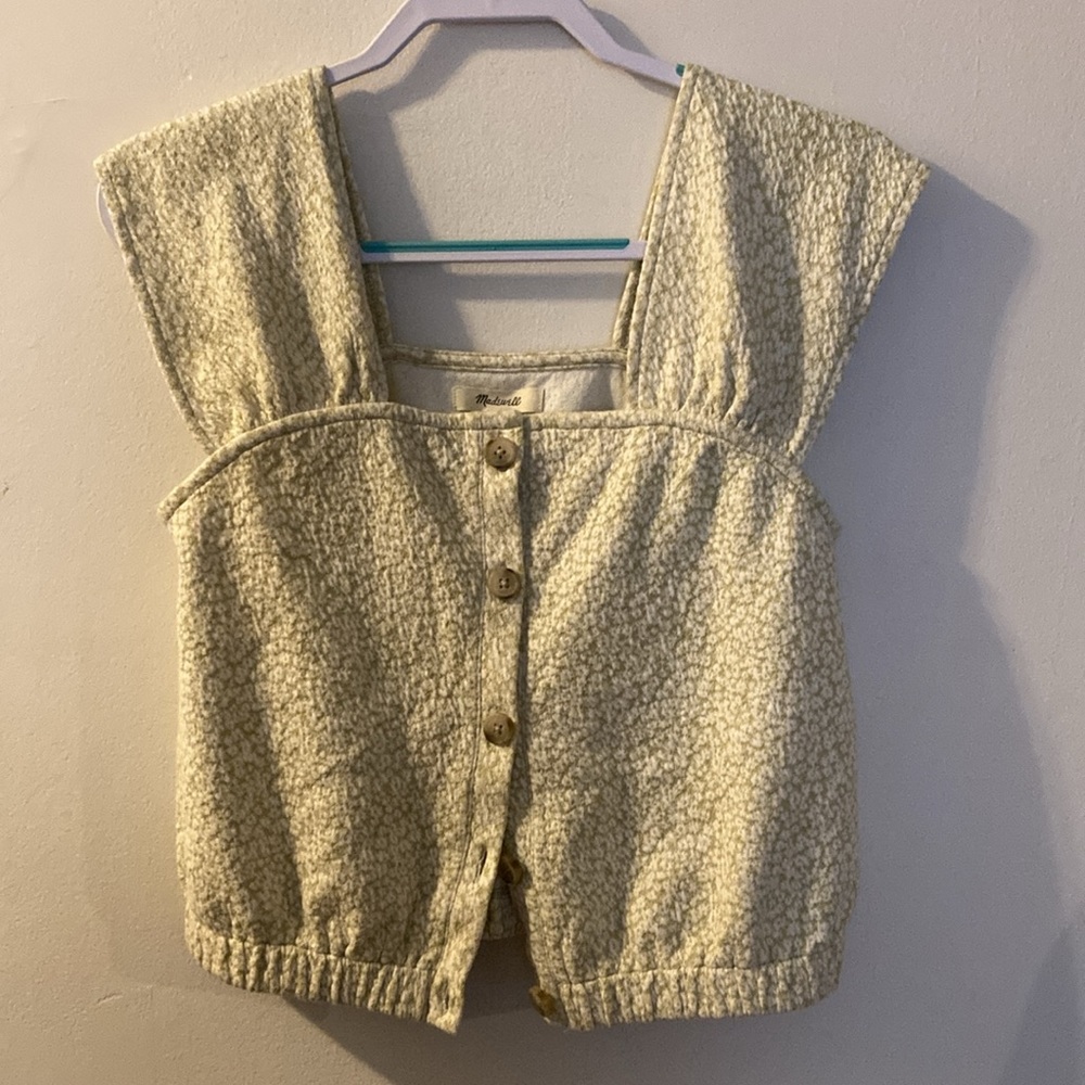 Madewell Floral Jacquard Knit Green Button Front Top Cap Sleeve Floral Blouse - Picture 14 of 17